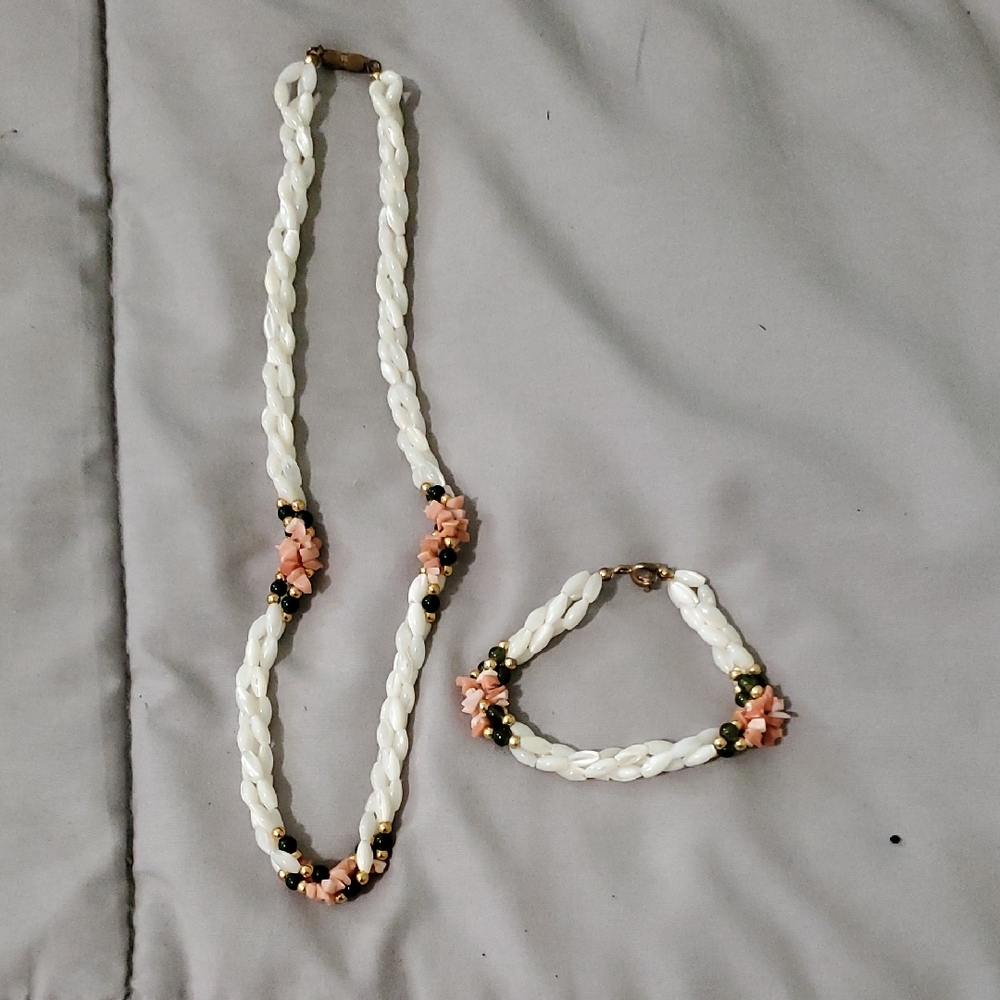 White Bead Braided Necklace and Bracelet Set with Pink Flower Accents